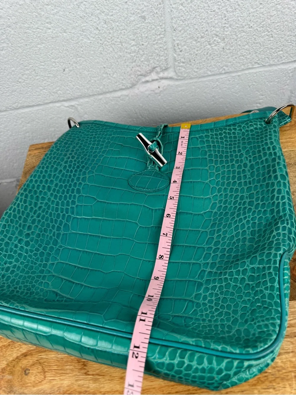 Longchamp Roseau Croc Embossed Leather Shoulder Bag Turquoise Teal France